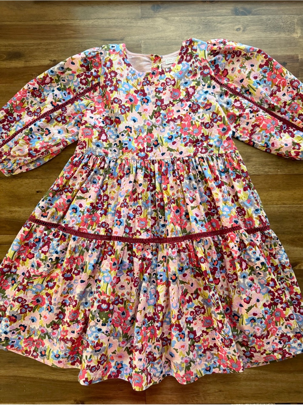 Pink Chicken Girls Maribelle Burgundy Sketched Floral Dress 8 Tiered Cotton